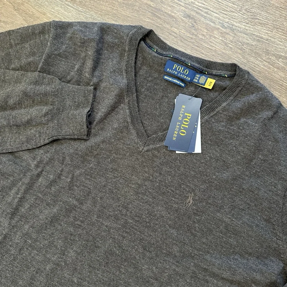 NWT Polo Ralph Lauren Washable Merino Wool‎ V Neck Sweater Men's Sz 2XLT Brown